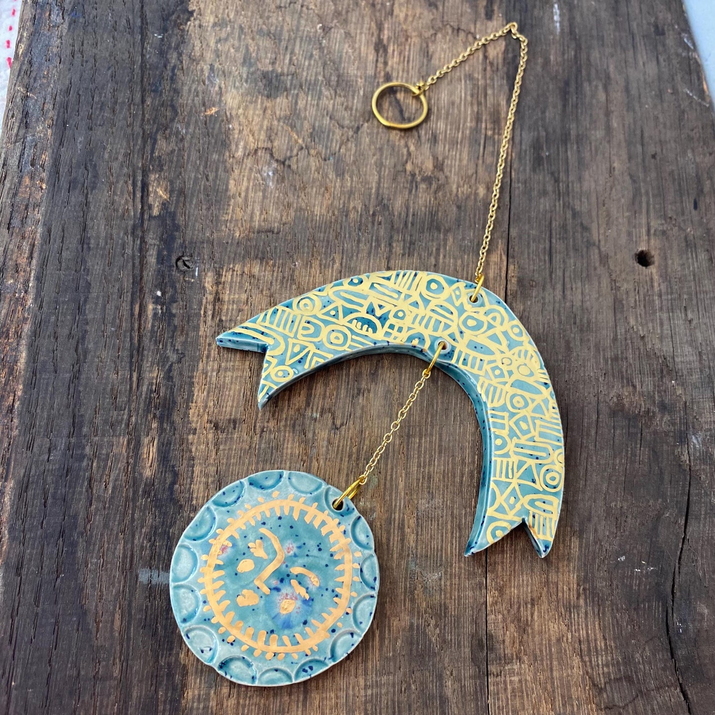 Ceramic and Brass Rainbow Sun Spots Wall Hanging - Hand Painted - Celestial - Boho - Folk Art