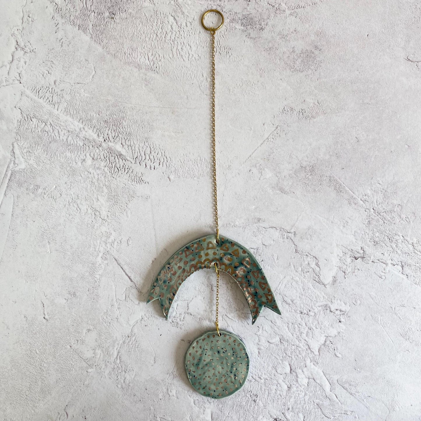 Ceramic and Brass Rainbow Sun Spots Wall Hanging - Hand Painted - Celestial - Boho - Folk Art