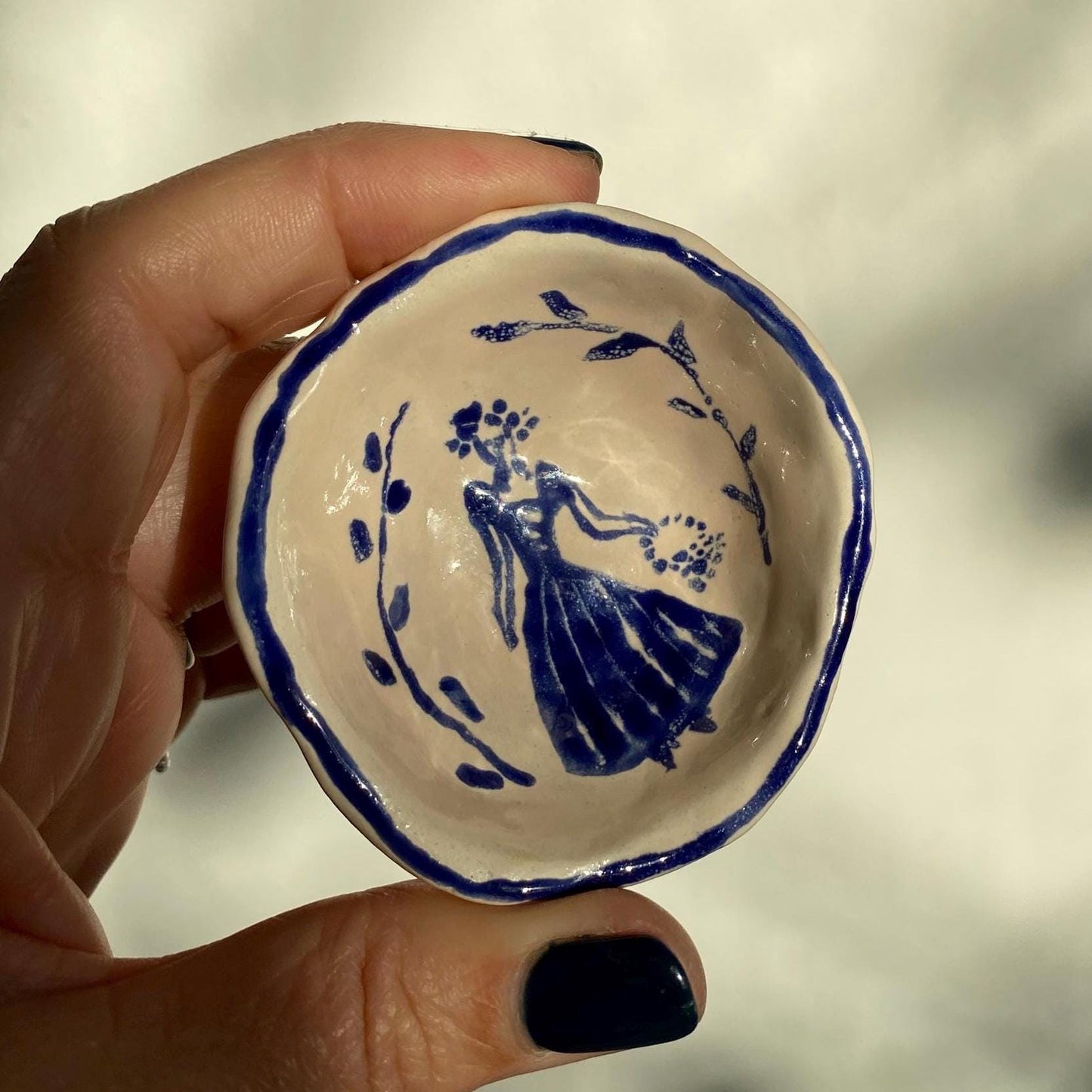 Delft inspired ceramic hand illustrated trinket dish blue and white 