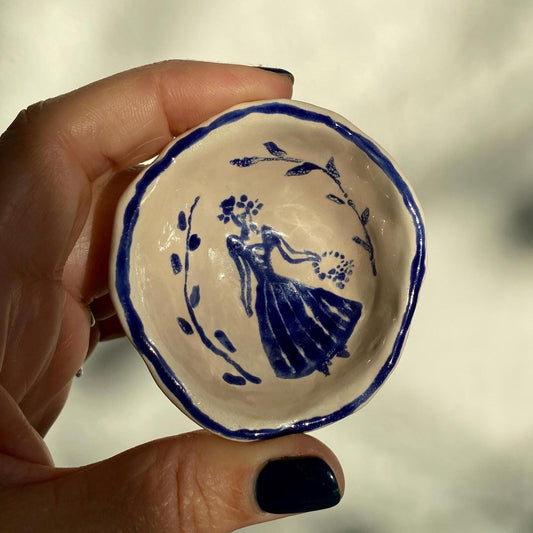 Delft inspired ceramic hand illustrated trinket dish blue and white 