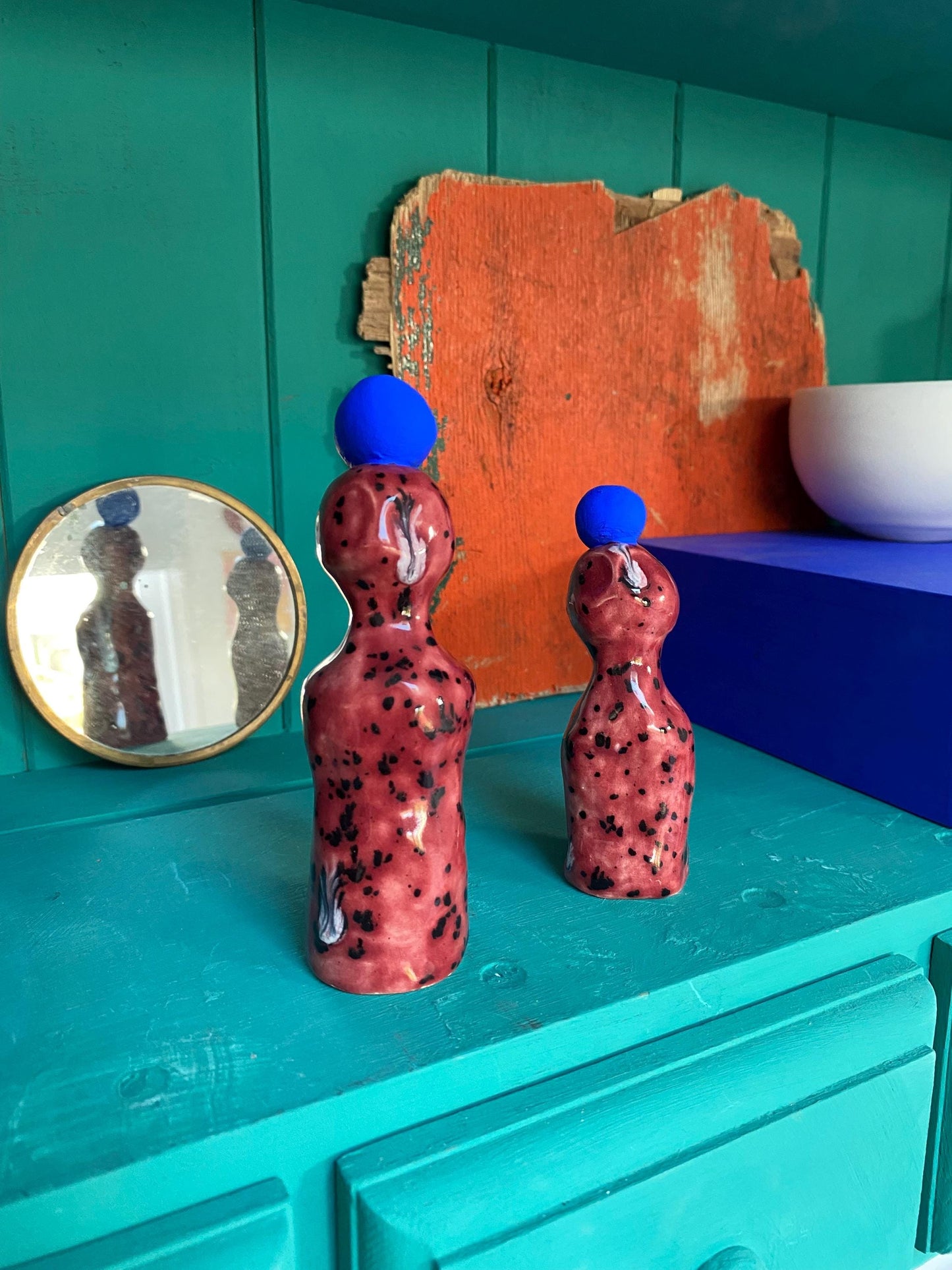 Altar Woman Figurine - Ceramic - Cherry Red Speckled - Blue