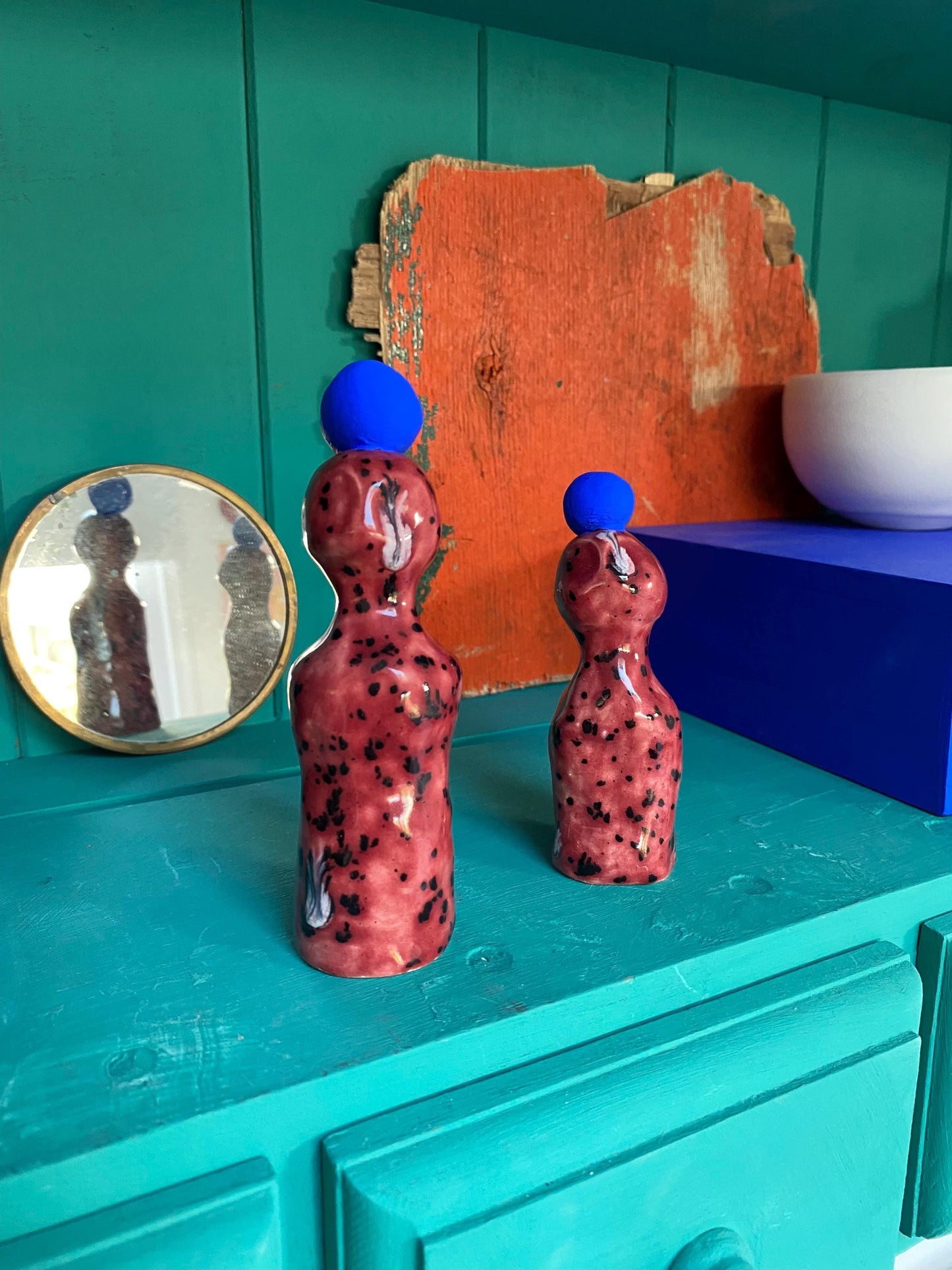 Altar Woman Figurine - Ceramic - Cherry Red Speckled - Blue