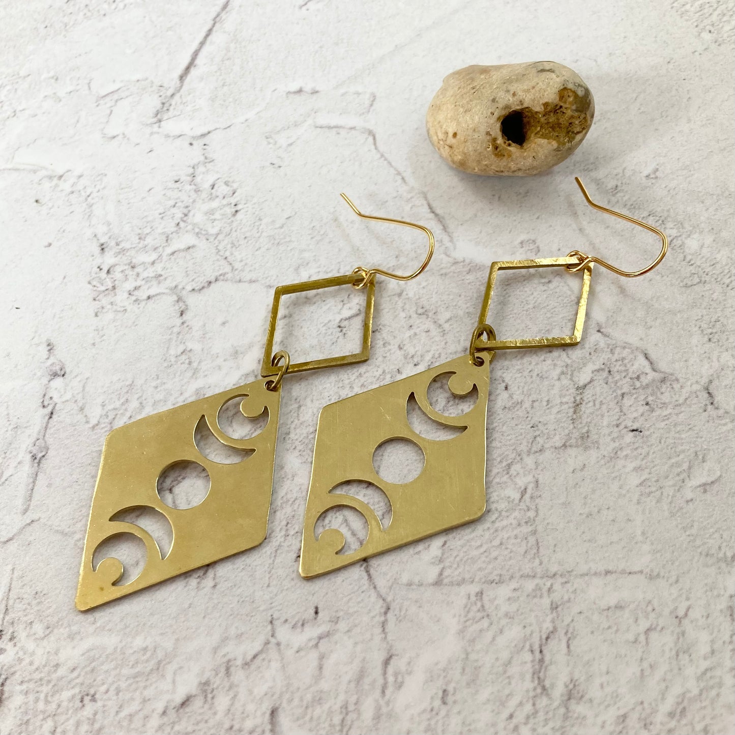 Long Diamond Moon Earrings in Golden Brass